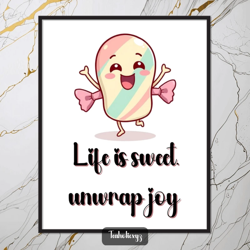 Funny Free Printable Wall Art: Cheerful candy dances energetically in its wrapper, vibrant downloadable art