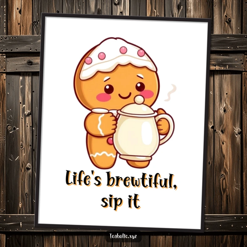 Funny Free Printable Wall Art: A charming gingerbread character with an icing smile holds a steaming teapot, radiating warmth and humor.