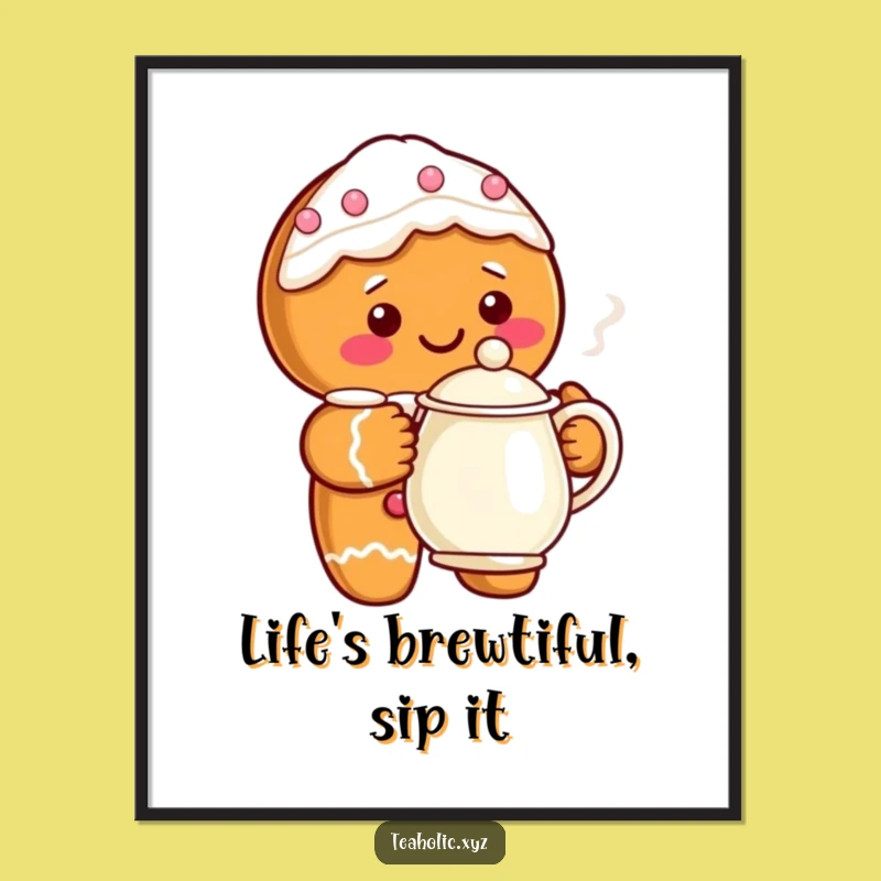 Funny Free Printable Wall Art: Gingerbread Teapot Smiles, Downloadable Home Decor Gift