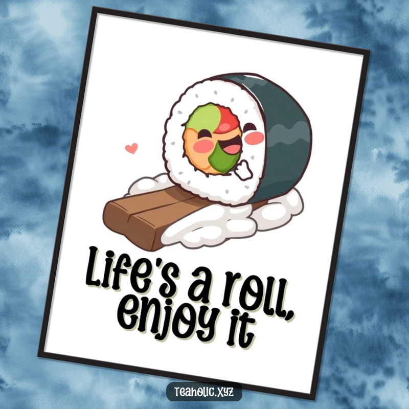 Funny Free Printable Wall Art: A piece of sushi gleefully rolling downhill, adding a playful touch.