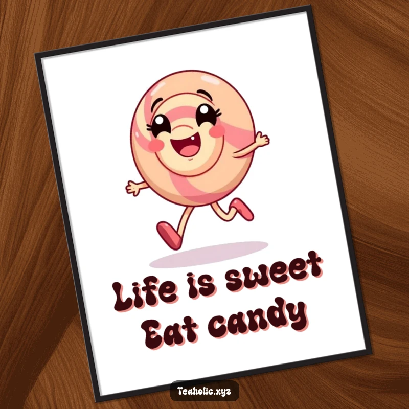 Funny Free Printable Wall Art capturing a smiling candy character happily skipping with a vibrant swirl of pure delight.