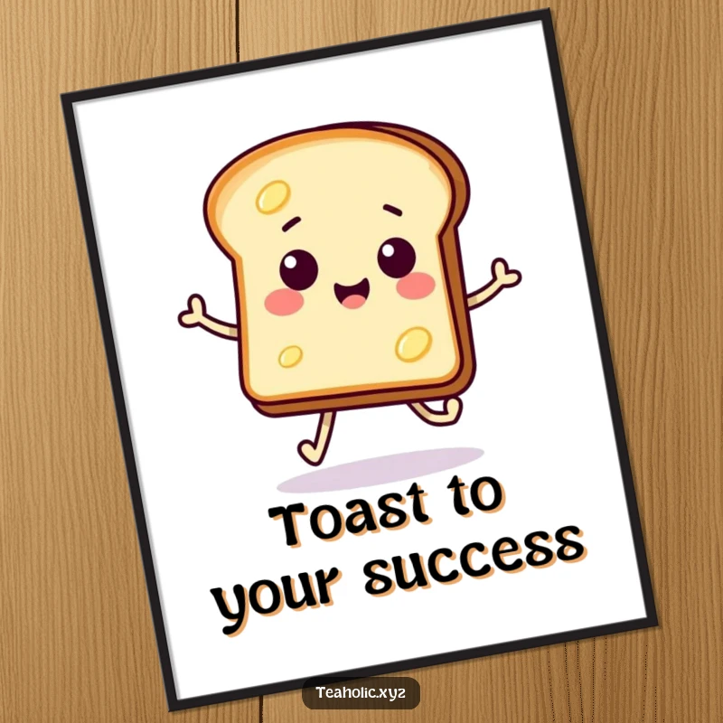 Funny Free Printable Wall Art: A smiling slice of toast with butter, energetically doing a hop skip, bringing cheerful vibes.