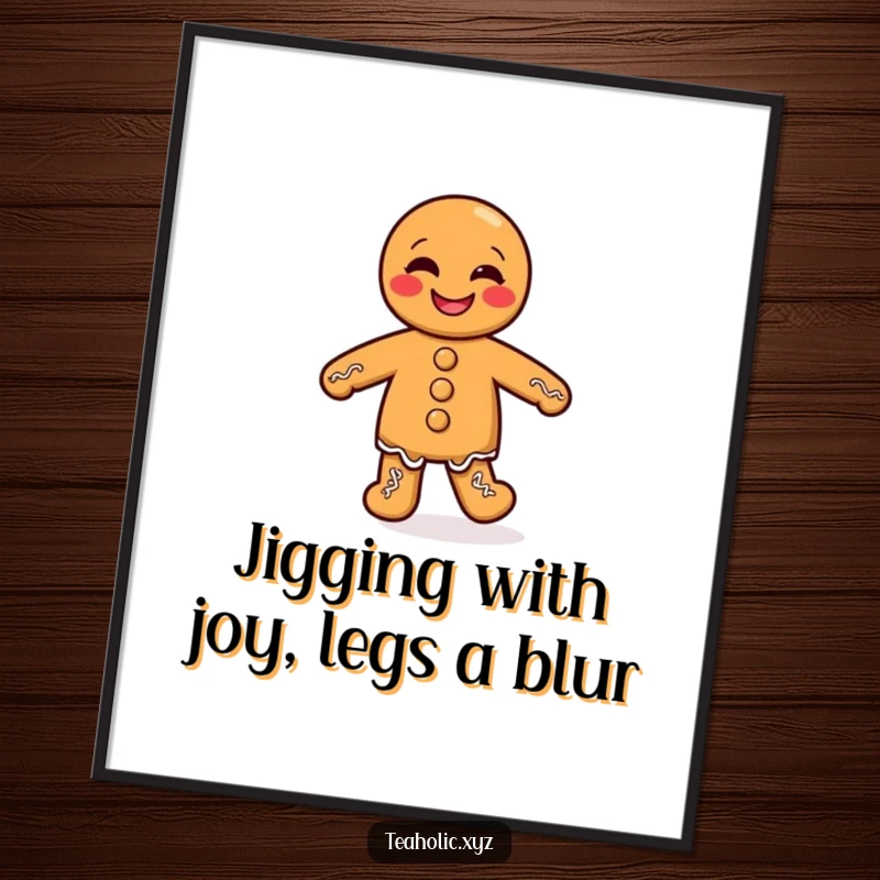 Funny Free Printable Wall Art: Giggling gingerbread man on a silly jig with tiny legs, creating a cheerful and playful downloadable scene.