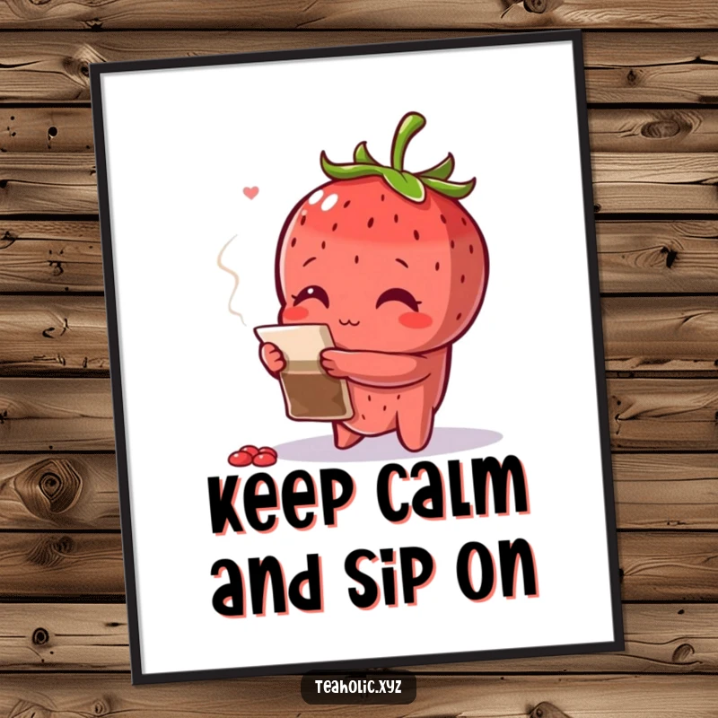 Funny Free Printable Wall Art: A curious strawberry with arms crossed inspects a teabag, adding quirky and thoughtful decor.