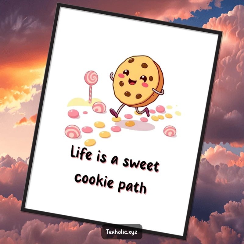 Funny Free Printable Wall Art: A cheerful cookie character happily skipping along a colorful, winding path made entirely of sweets.