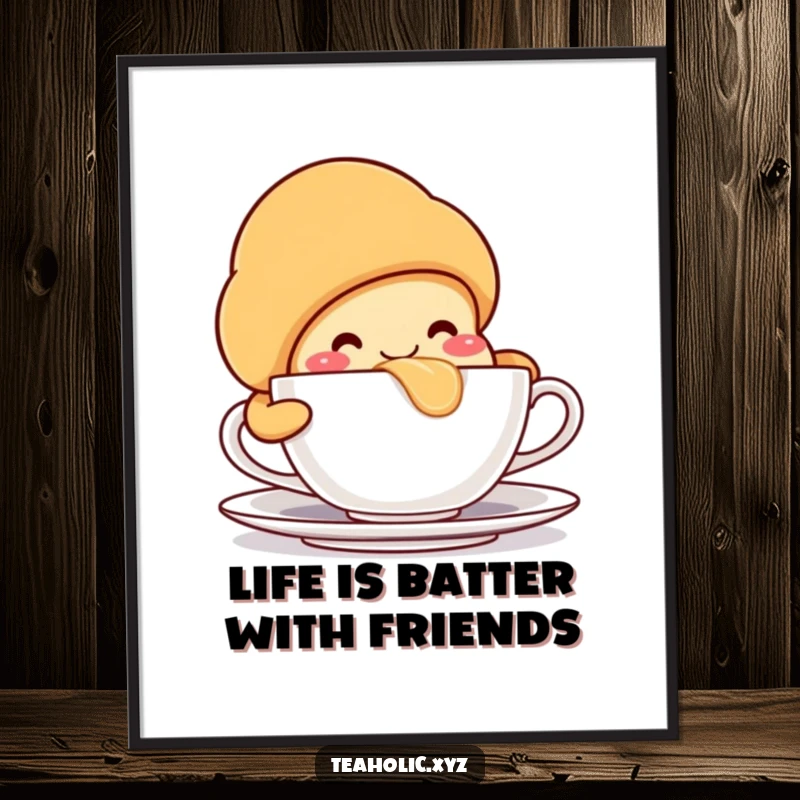 Funny Free Printable Wall Art: A smiling croissant character takes a huge, satisfying sip from a teacup, exuding cozy contentment.