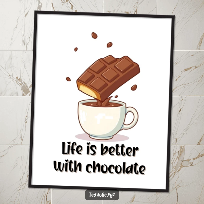 Funny Free Printable Wall Art: A chocolate bar performs a lively somersault over a steaming mug, adding dynamic decor.