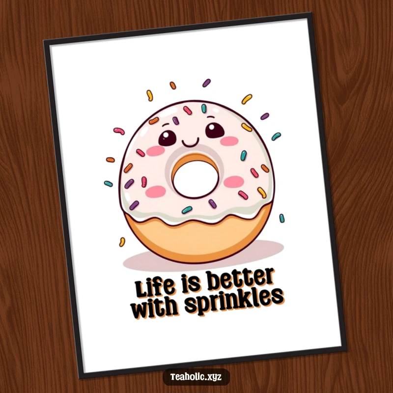 Funny Free Printable Donut Wall Art: A cheerful donut character joyfully raining colorful sprinkles, creating a vibrant and humorous piece.