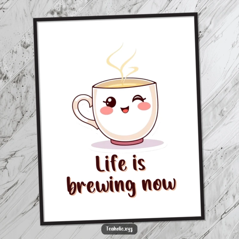 Funny Free Printable Wall Art: A smiling teacup character happily pouring a stream of warm, inviting steam, creating a cozy scene.