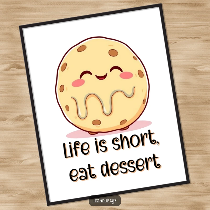 Funny Free Printable Wall Art depicting a plump cookie character with a blissful, melting expression, radiating happiness.