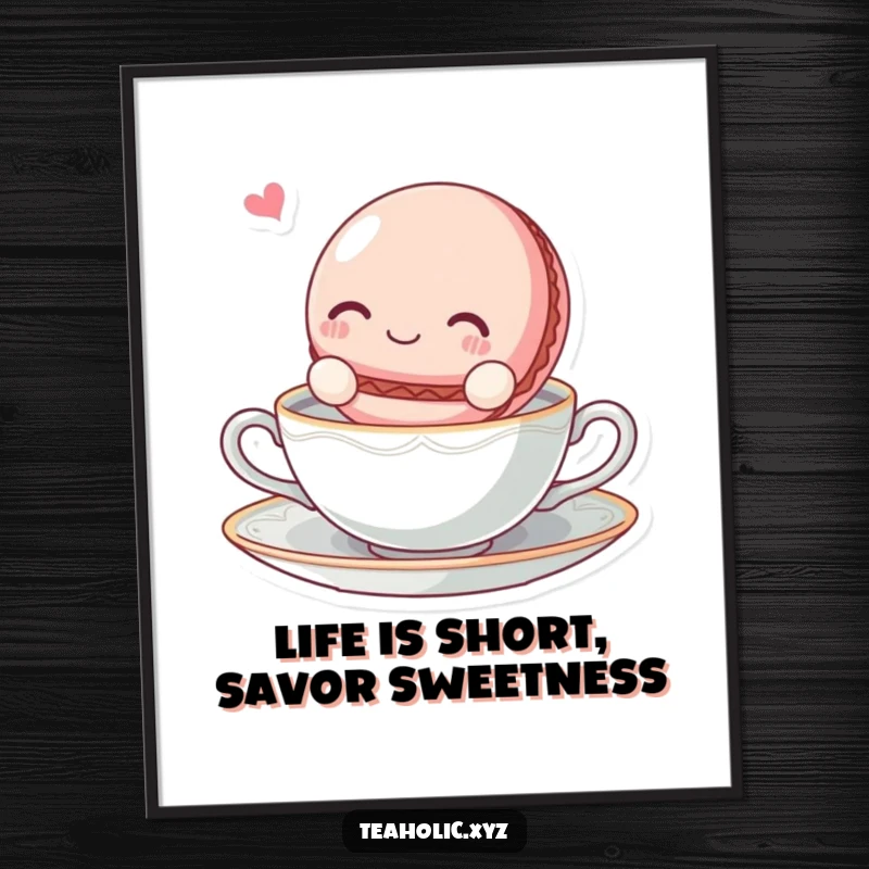 Funny Free Printable Macaroon Wall Art: A blissful macaroon character peacefully floating on a tea saucer, embodying sweet serenity.
