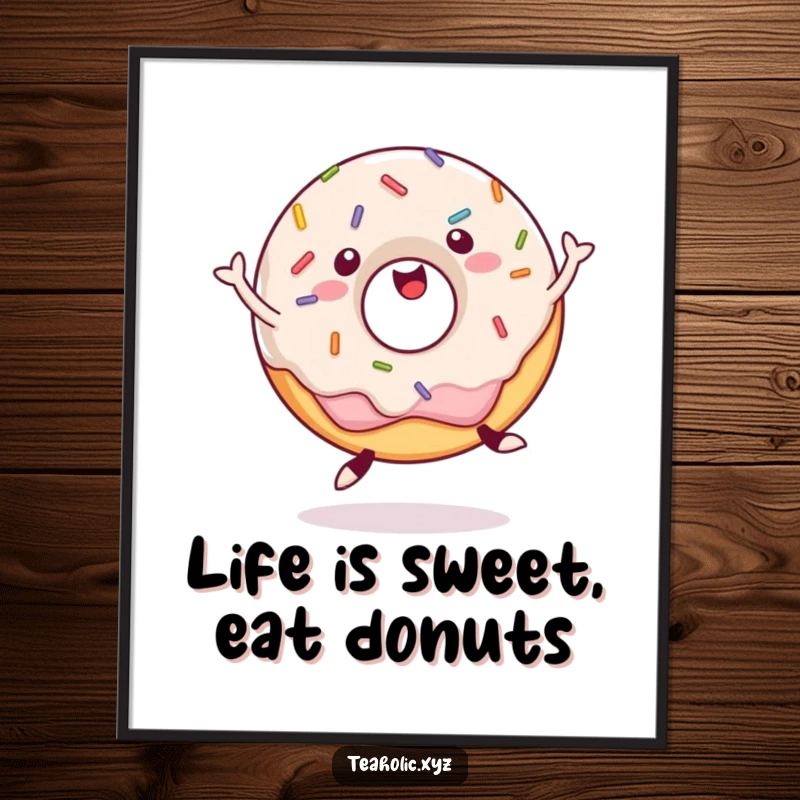 Funny Free Printable Wall Art: A happy donut with sprinkles jumping up and down, adding a whimsical touch.