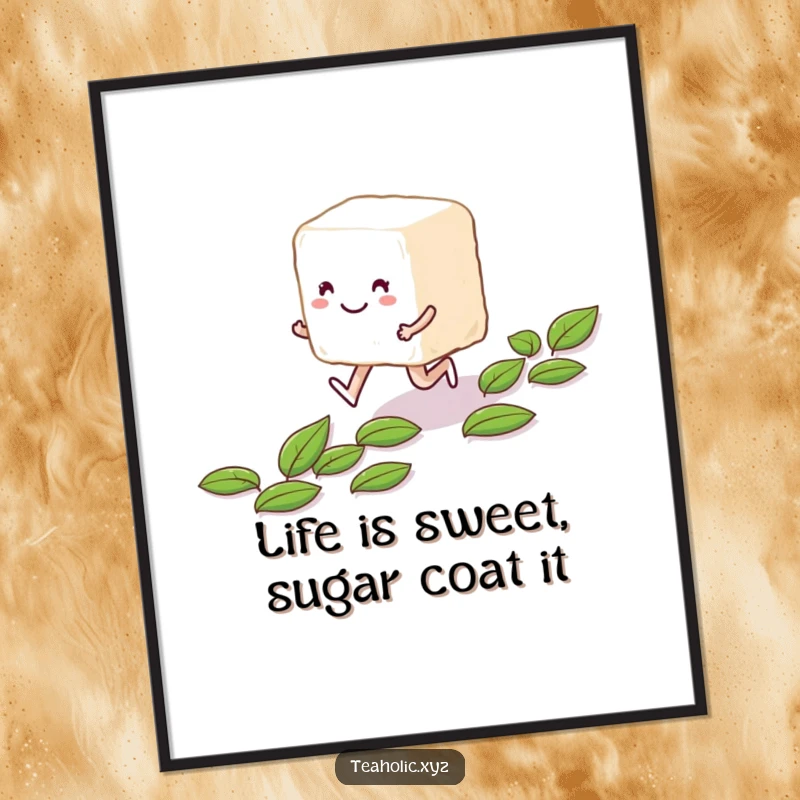 Funny Free Printable Wall Art: A smiling, anthropomorphic sugar cube character skips along a path of tea leaves.