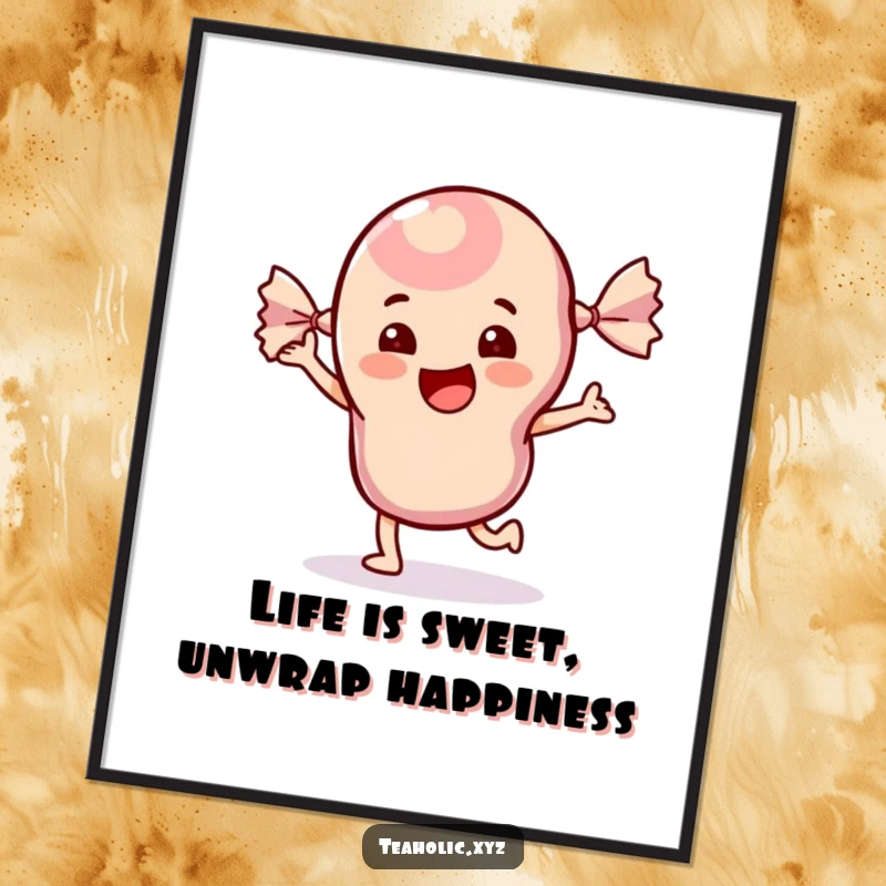 Funny Free Printable Wall Art of a cheerful candy with its wrapper dancing energetically, adding vibrant fun.