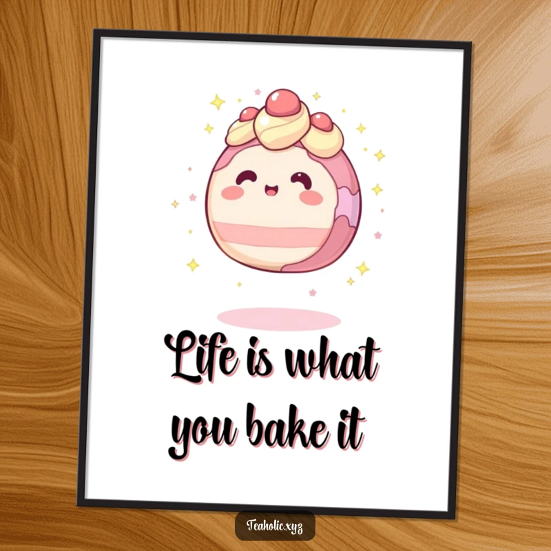 Funny Free Printable Wall Art of a round cake character levitating with sparkles, creating a magical and humorous display.