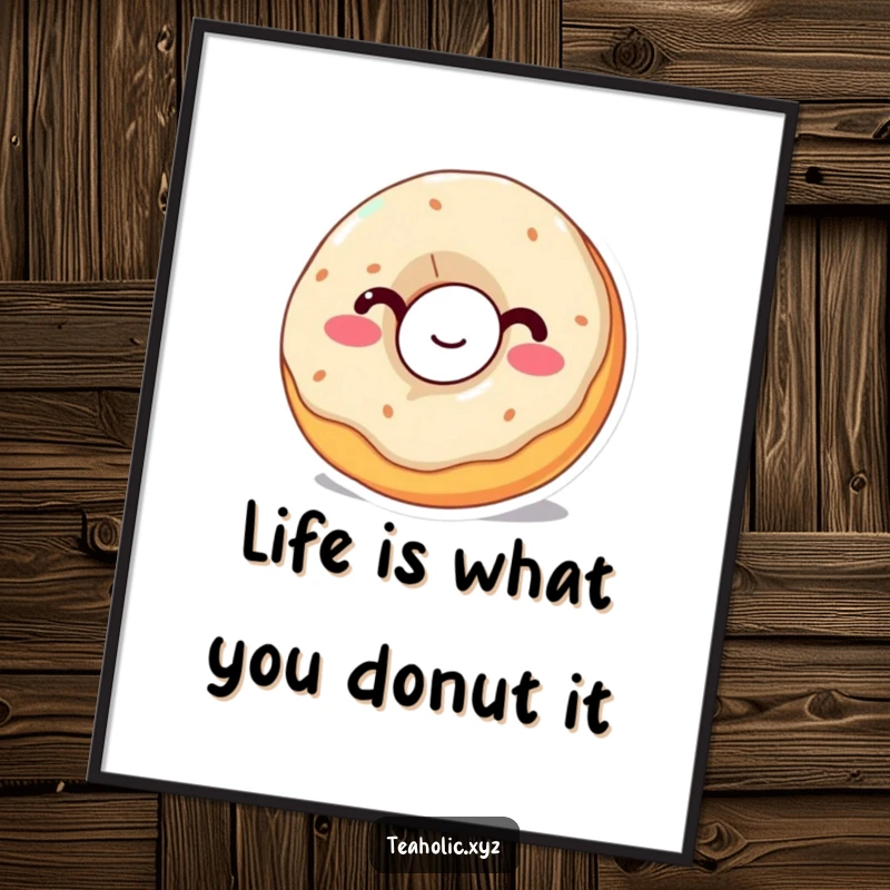 Funny Free Printable Wall Art: A wobbly donut with a happy expression takes a big sip from a cup, showcasing pure joy.