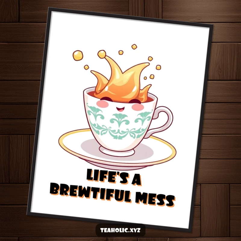 Funny Free Printable Wall Art: A cheerful teacup character joyfully splashing in a saucer of tea, adding fun decor.