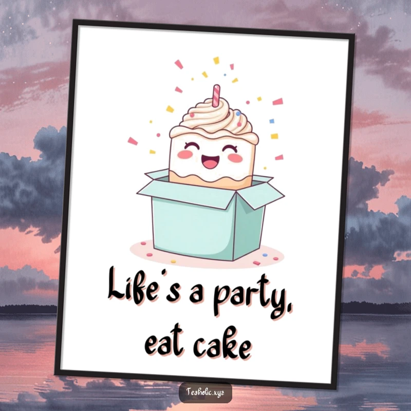 Funny Free Printable Wall Art: A celebratory cake popping out of a gift box surrounded by confetti.