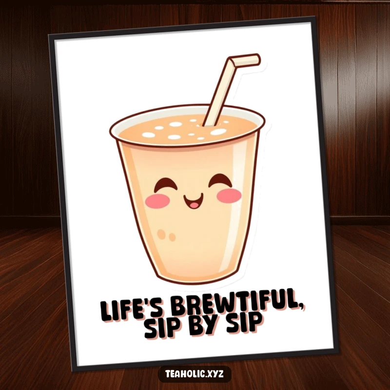 Funny Free Printable Wall Art: A smiling cup of tea with a tiny straw wiggling joyfully, bringing whimsical charm and humor to any room.