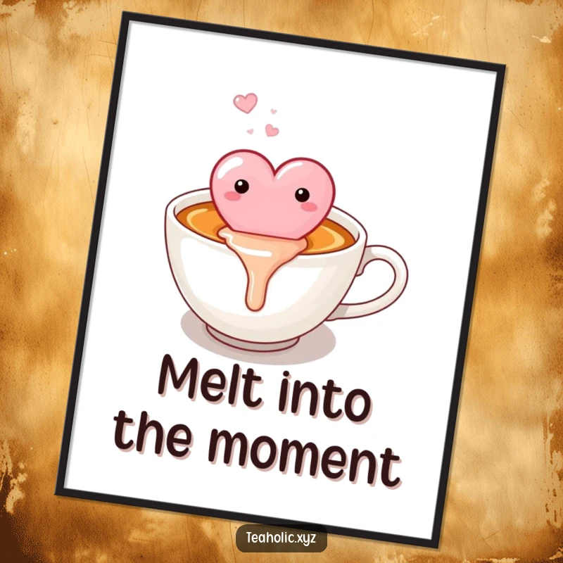 Funny free printable wall art of a candy heart contentedly melting into a steaming, warm cup of tea.