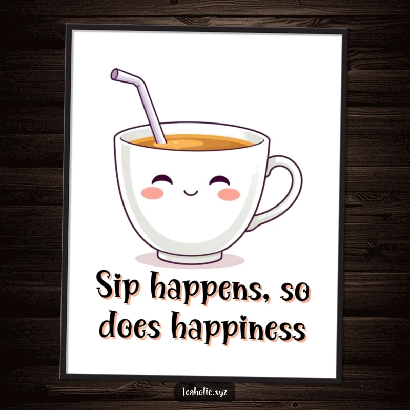 Funny Free Printable smiling teacup with a straw sipping, cute wall art for kitchens, downloadable art.