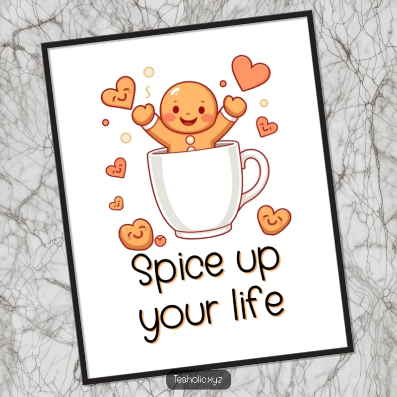 Funny Free Printable Wall Art: A smiling gingerbread man happily jumping into a steaming mug, adding warmth to decor.