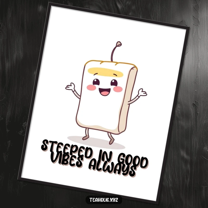 Funny Free Printable Teabag Wall Art: A smiling teabag character enthusiastically doing a lively jig, adding a humorous touch.