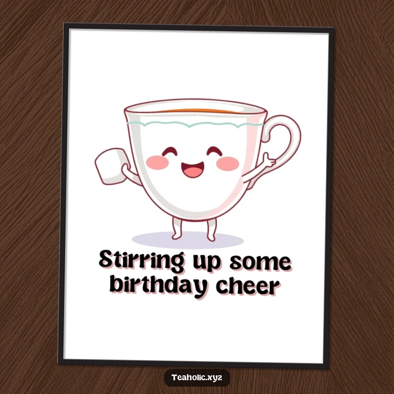 Funny Free Printable Wall Art: A smiling teacup with tiny arms joyfully dances with a sugar cube.