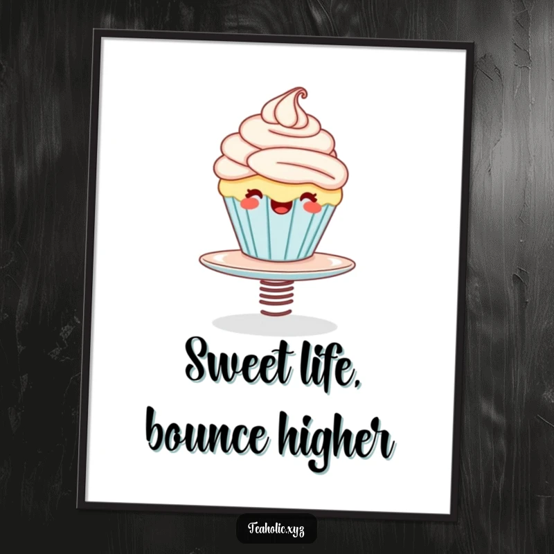Funny Free Printable Wall Art depicting a giggling cupcake energetically bouncing on a springy saucer.