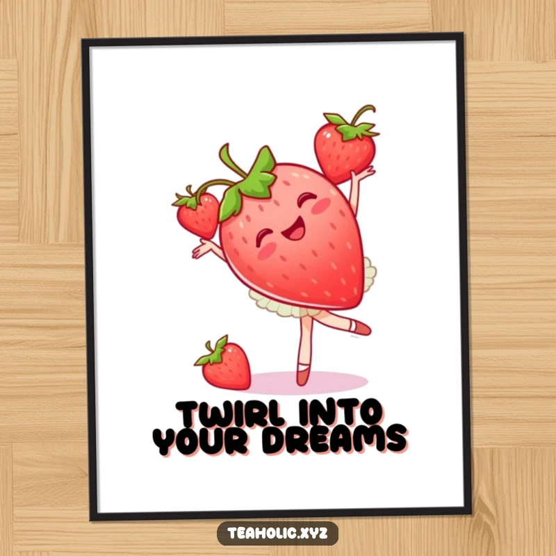 Funny Free Printable Wall Art of a strawberry gracefully performing a ballet pirouette, adding a touch of whimsical charm to any room.