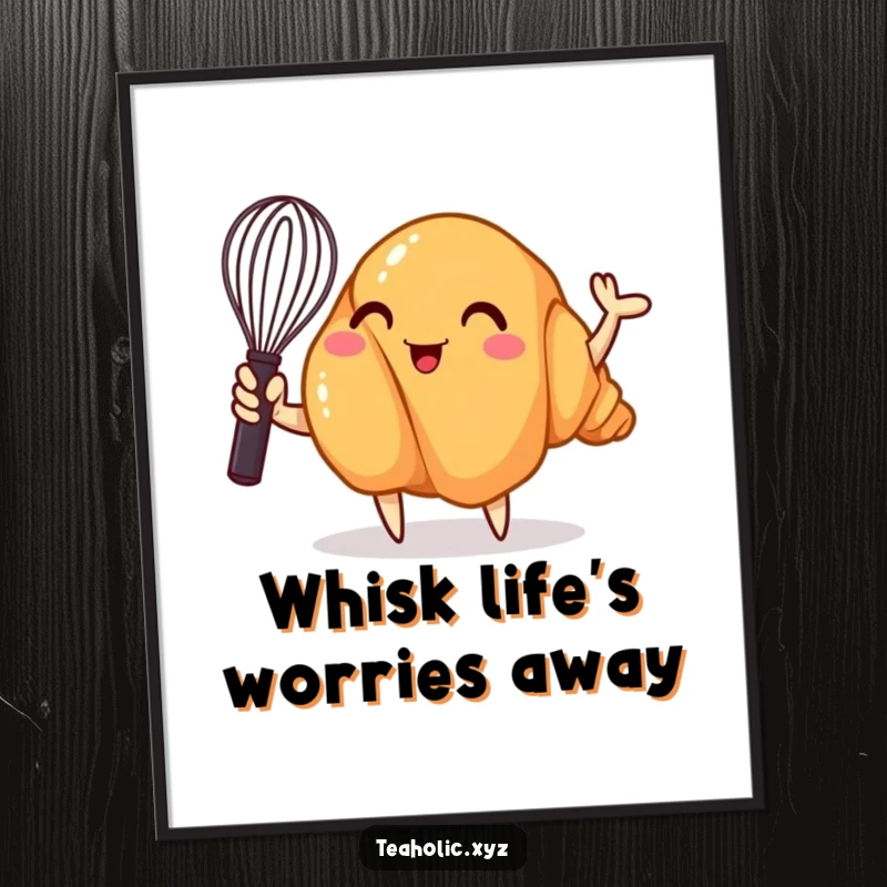 Funny Free Printable Wall Art featuring a whimsical croissant cheerfully waving a tiny whisk, perfect for kitchens.