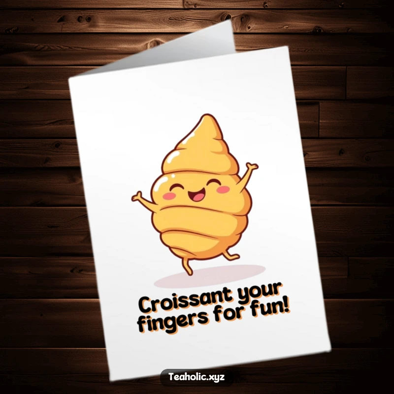 Funny Free Printable Birthday Card: A cheerful croissant with little legs doing a joyful spin, celebrating.