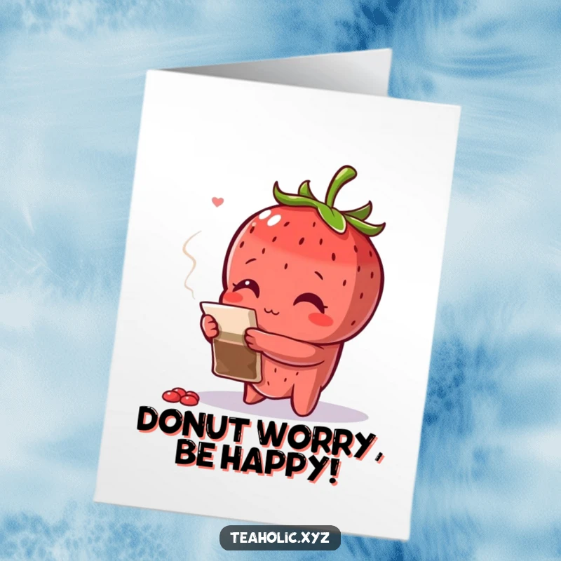 Funny Free Printable Birthday Card: A curious strawberry with crossed arms inspects a teabag, contemplating birthday wishes.