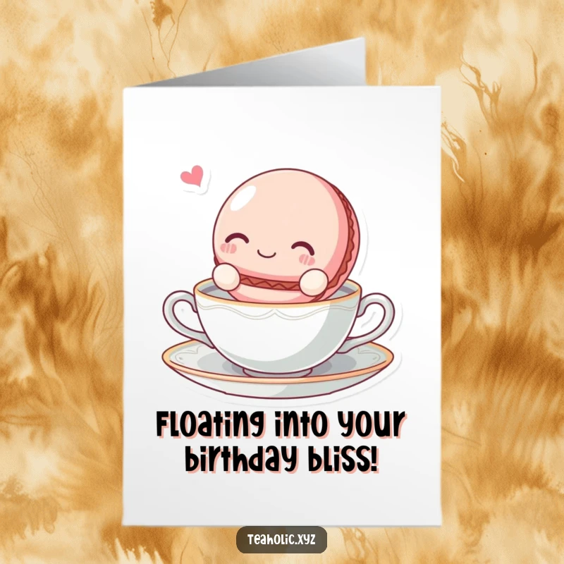 Funny Free Printable Macaroon Birthday Card: A blissful macaroon character floating serenely on a tea saucer, wishing happy birthday.