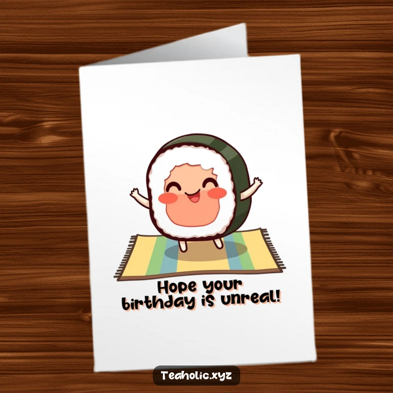 Funny Free Printable Birthday Card: A pleased slice of sushi with rosy cheeks bouncing happily on a colorful mat, celebrating joyfully.