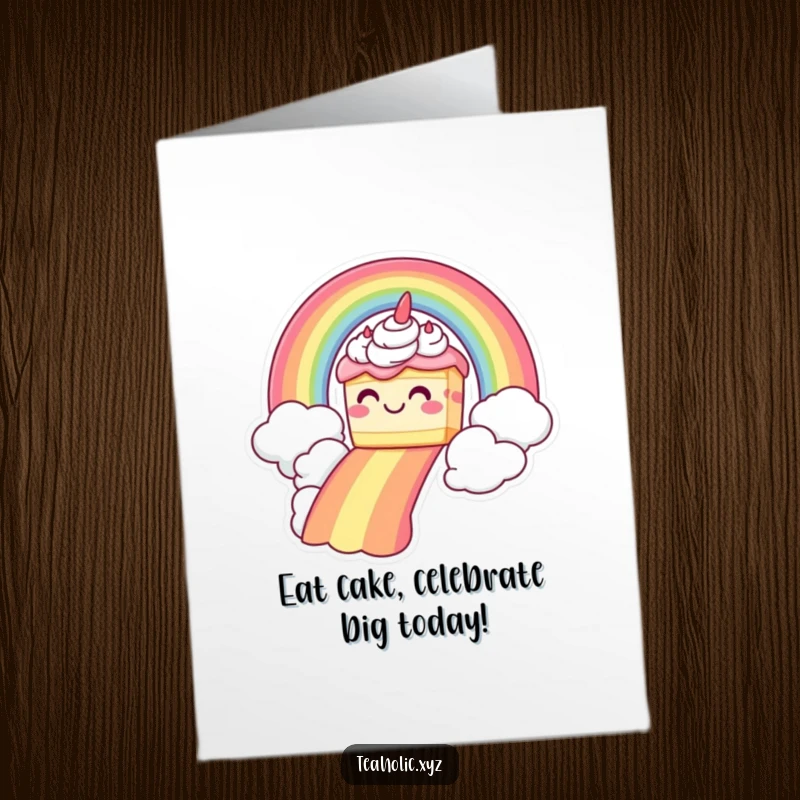 Funny Free Printable Birthday Card featuring a grinning cake sliding down a rainbow, spreading birthday joy.