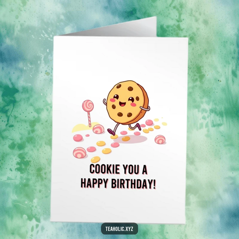 Funny Free Printable Birthday Card: A cheerful cookie character with legs skipping joyfully along a colorful, winding candy path.