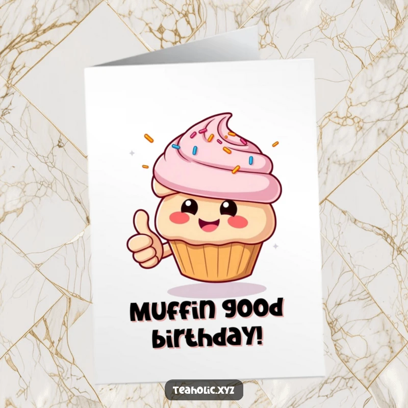 Funny Free Printable Happy Birthday card featuring a cheerful muffin giving a thumbs up, surrounded by flying sprinkles.