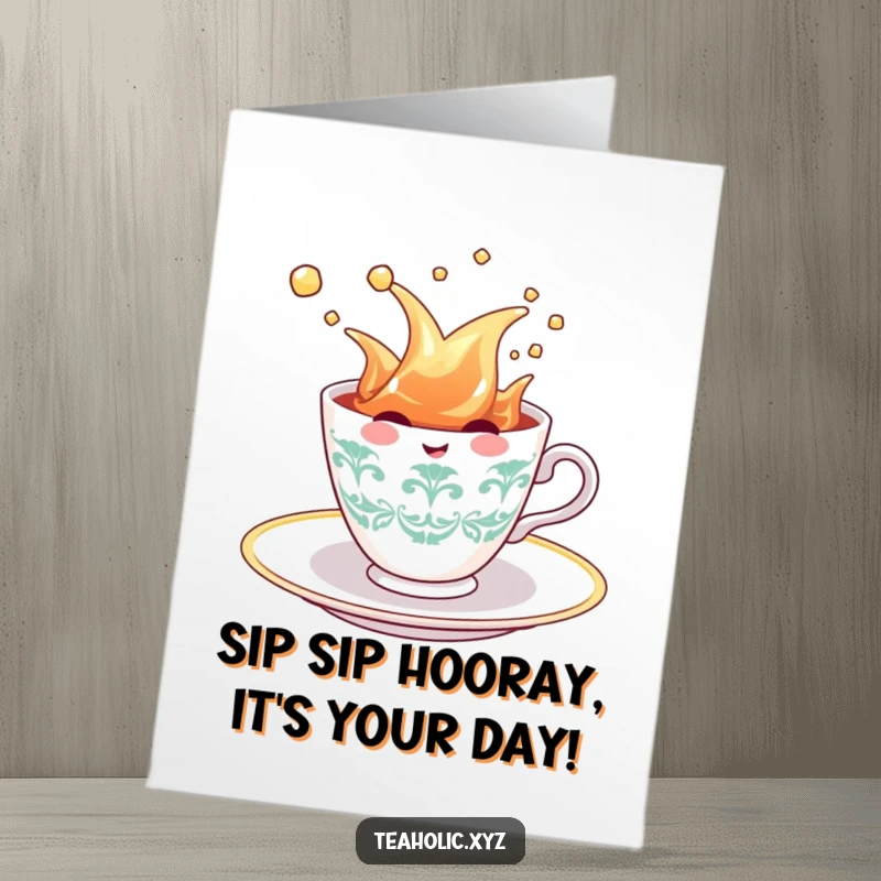 Funny Free Printable Birthday Card: A happy teacup character joyfully splashing in its tea, ready for a birthday.