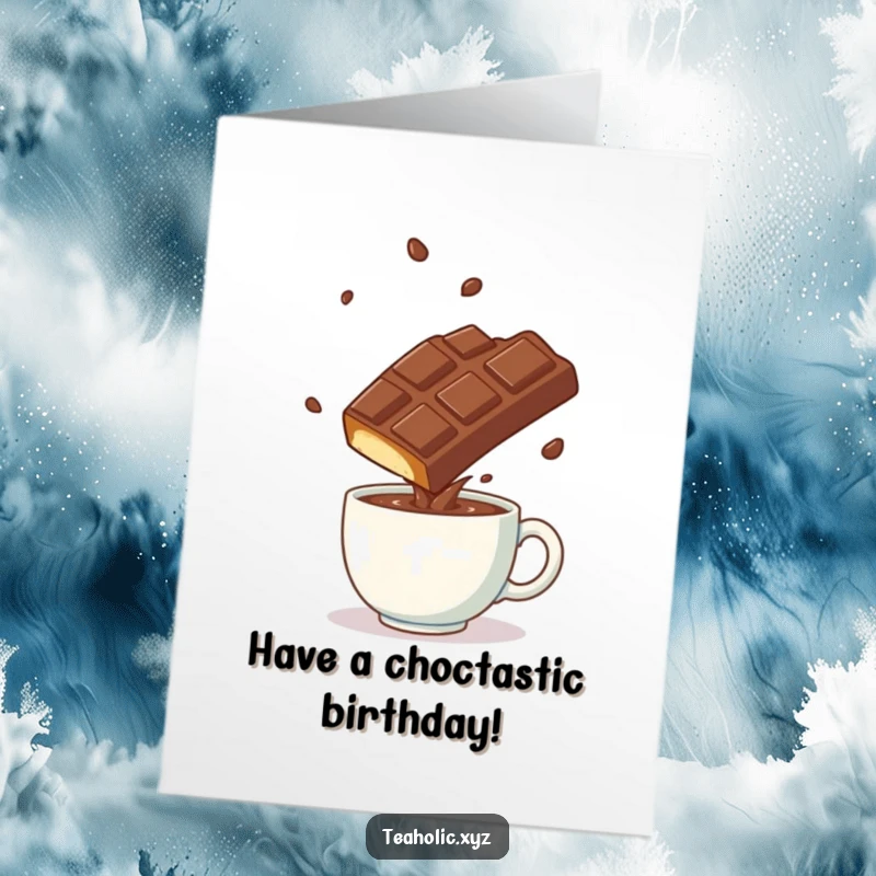 Funny Free Printable Birthday Card: A playful chocolate bar does a somersault over a steaming mug, full of birthday energy.