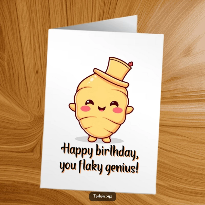 Funny Free Printable Birthday Card: A smiling croissant character elegantly doffs a small, fancy hat, offering a chic birthday salutation.