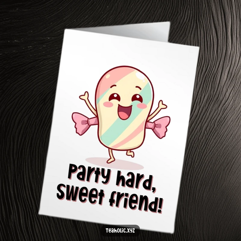 Funny Free Printable Birthday Card: Cheerful candy dances energetically in its wrapper, a fun downloadable