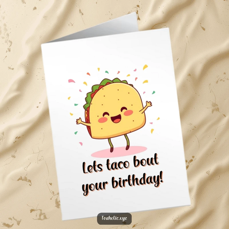 Funny Free Printable Birthday Card: A cheerful taco with legs doing a little dance with confetti falling, celebrating a happy birthday.