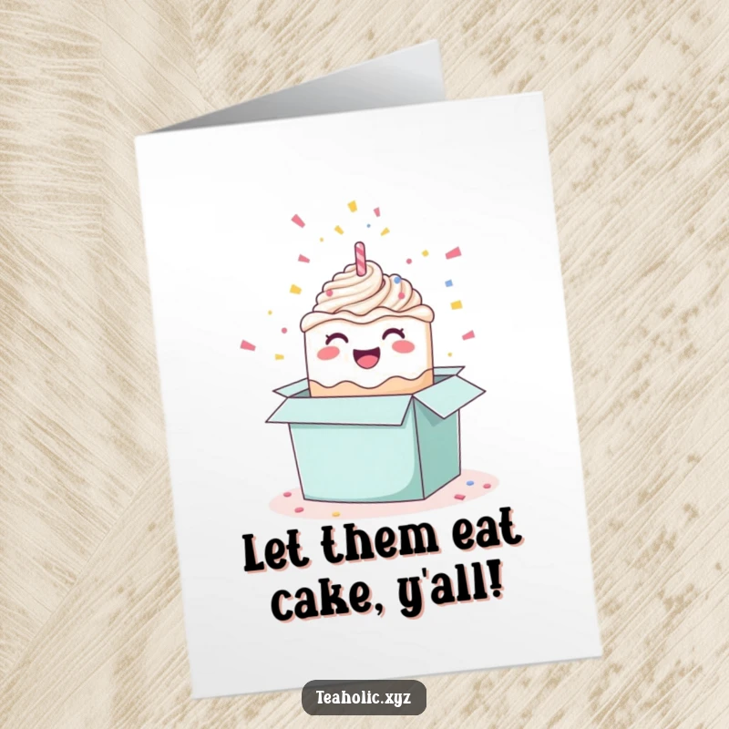 Funny Free Printable Birthday Card: A joyful cake bursting from a gift box with confetti, celebrating a birthday.