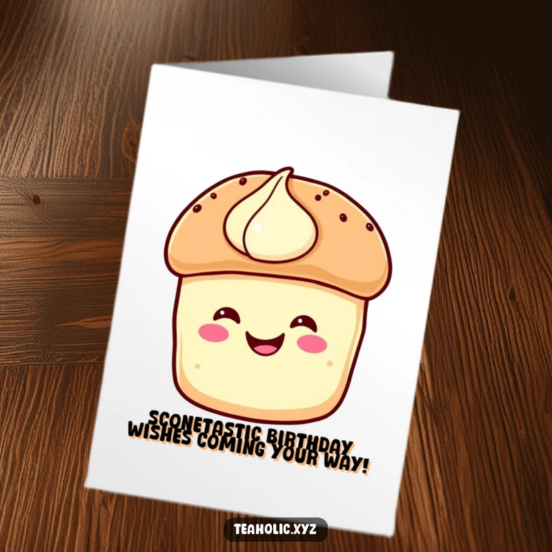 Funny Free Printable Birthday Card: A happy scone with cream hops joyfully, spreading birthday cheer.