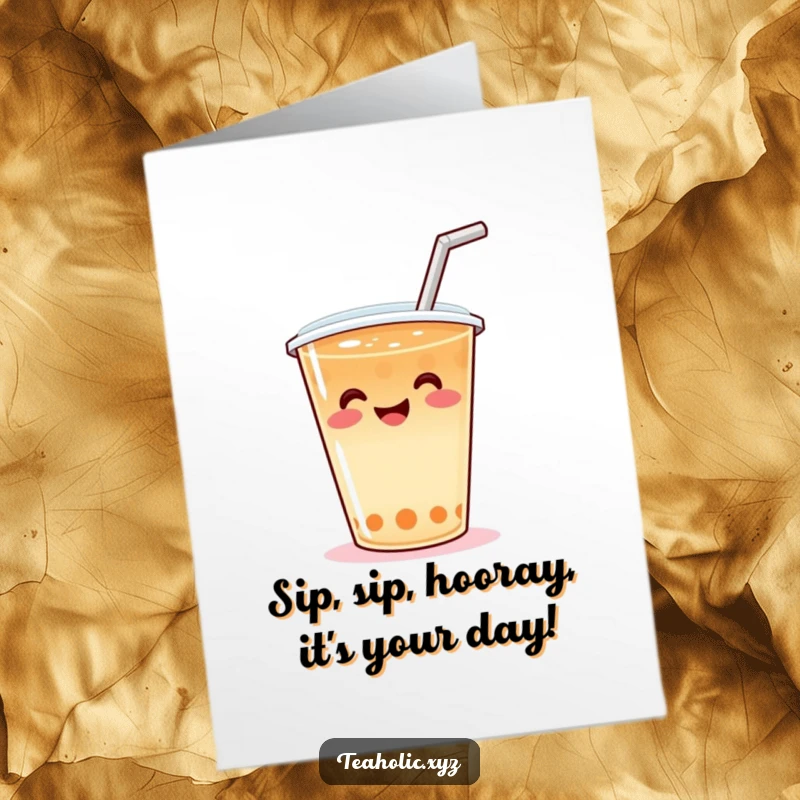 Funny Free Printable Birthday Card: A smiling tea cup with a straw wiggling joyously, ready to party.