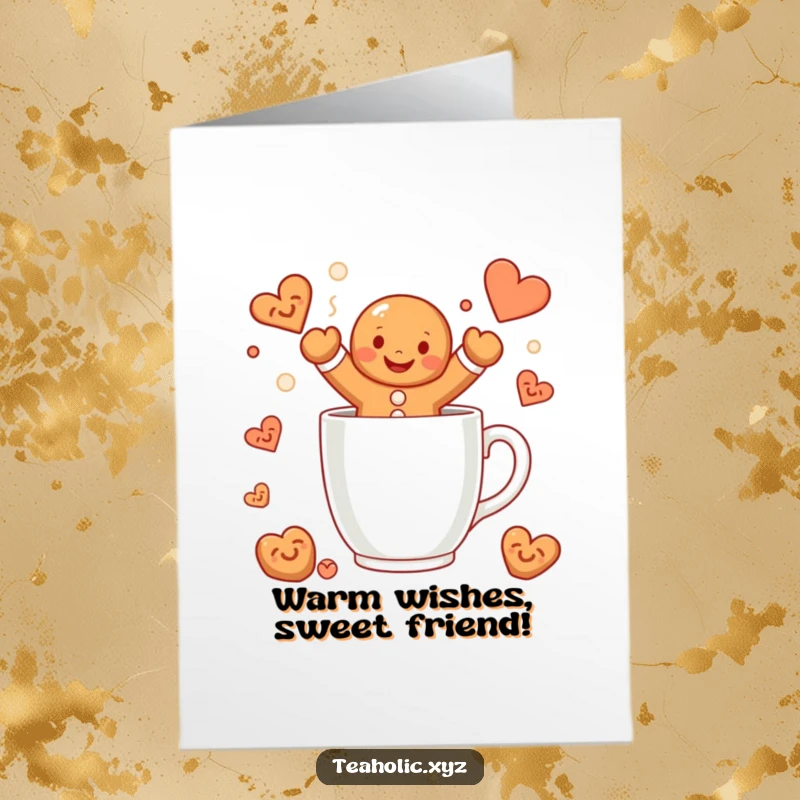 Funny Free Printable Birthday Card: A smiling gingerbread man joyfully jumps into a steaming mug, spreading warmth.