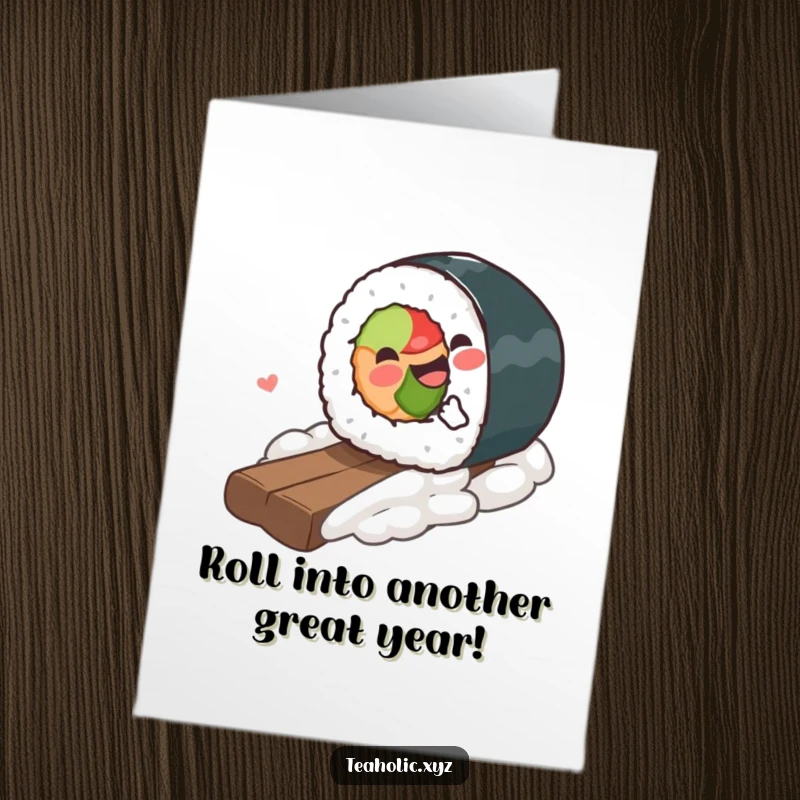 Funny Free Printable Birthday Card: A piece of sushi gleefully rolling downhill, ready for a wild celebration.
