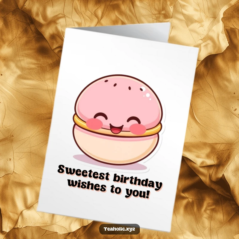 Funny Free Printable Birthday Card: A cute macaron character with rosy cheeks beaming happily, perfect for a DIY gift.