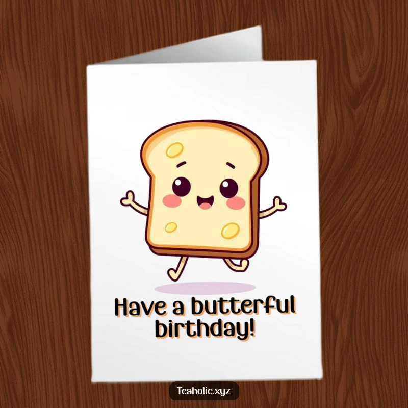 Funny Free Printable Birthday Card: Smiling toast with butter, doing a happy hop skip for a joyful birthday.